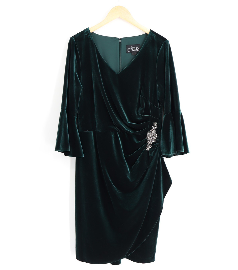 Alex Evenings Sz 14 Green Velvet Dress 3/4 Bell Sleeve Rhinestone Embellishment